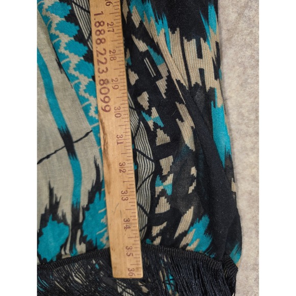 Southwestern Geometric Fringe Kimono Cardigan Turquoise Black One Size - Picture 2 of 9